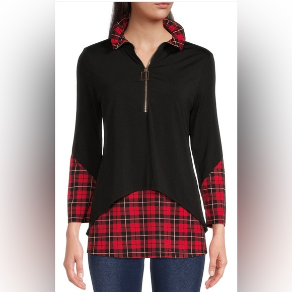 Calessa Tops - NWT Calessa Color Block Print Long Sleeves Half Zip Layered Twofer Tunic Medium